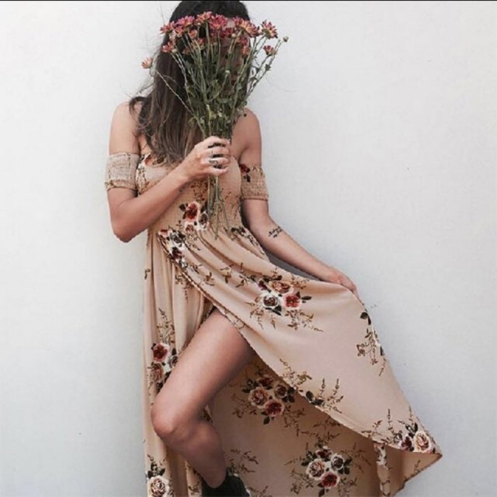 Smocked off the shoulder floral dress